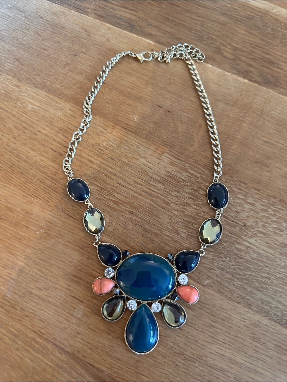 Elegant Statement Necklace with Blue, Navy, Coral & Gold Accents